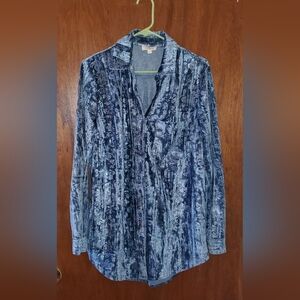 Umgee Blue Crushed Velvet Button Down Top Sz Small